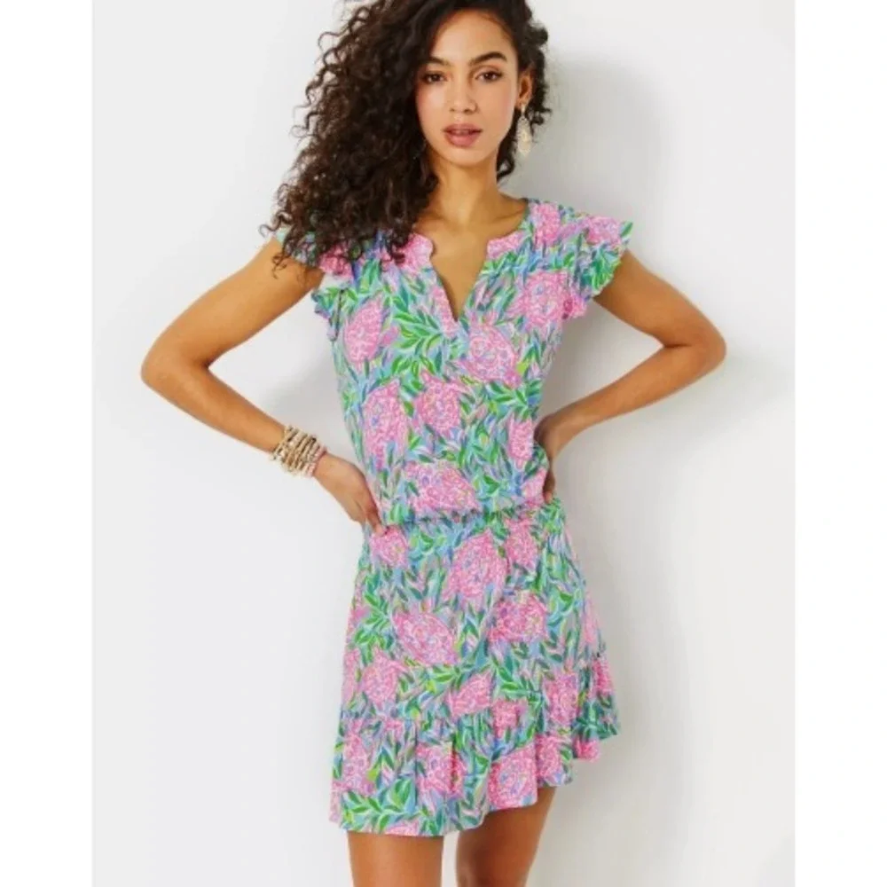 Lilly Pulitzer French Blue Turtely In Love Ravi Short Sleeve Romper XL